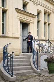 France, Aisne, Château-Thierry, Jean de La Fontaine Museum - city of Chateau-Thierry in the birthplace of the poet and writer, the director of the museum pole Nicolas Rousseau on the steps