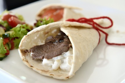 Sweden, Vasterbotten County, Umea, the Vasterbotten museum (folk museum) in Gammlia, suovas sandwich of smoked reindeer and potato salad, a typical dish the of the native Sami people