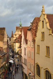 France, Haut Rhin, Colmar, gabled houses and wood-framed houses in Grand Rue with Christmas decorations