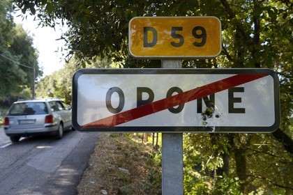 France, Corse du Sud, Alta Rocca, road sign pierced by bullets