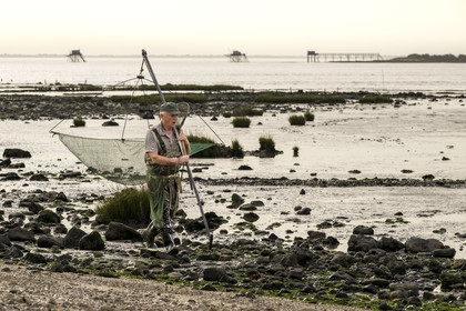 France, Charente Maritime, Port-des-Barques, hand net fisherman and huts on stilts called carrelets in the background