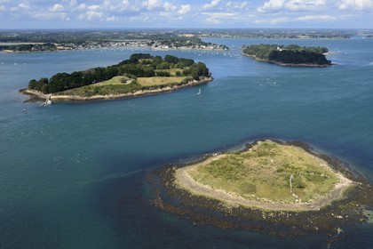 France, Morbihan, Gulf of Morbihan (Golfe du Morbihan), Er Lannic island with a megalithic site Cromlech, in the background the Gavrinis cairn on the Gavrinis island in front of the town of Larmor Baden (aerial view)