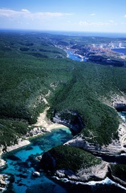 France, Corse du Sud, little bay west of Bonifacio (aerial view)