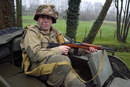 France, Eure, Sainte Colombe prés Vernon, Allied Reconstitution Group (US World War 2 and french Maquis historical reconstruction Association), reenactor Samuel Lebas in uniform of the 101st US Airborne Division