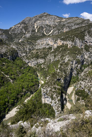 France, Alpes de Haute Provence, Parc Naturel Regional du Verdon, the Verdon Gorge, view on the Verdon river and the Breche Imbert from the panoramic viewpoint of the Mescla balcony where the waters of the river mix with its tributary the Artuby