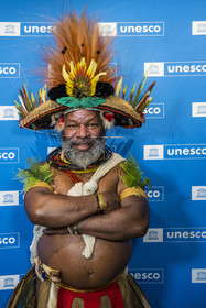 France, Paris, UNESCO Headquarters, conference at Earth University on November 25, 2022, Papuan Chief Mundiya Kepanga
