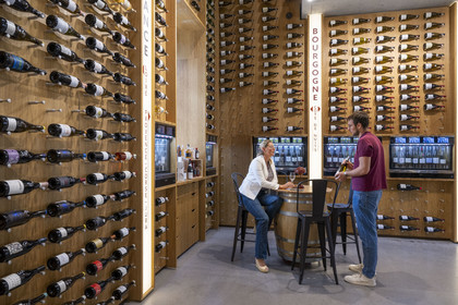 France, Cote d'Or, Dijon, area listed as World Heritage by UNESCO, International Cité of Gastronomy and Wine by architect Anthony Béchu, the Cave de la Cité wine library offers around 3,000 wine references in the gastronomic village