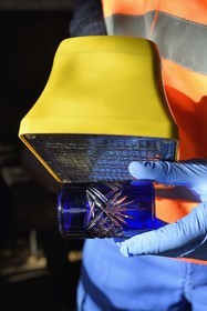 France, Bas-Rhin, Schiltigheim, intervention of engineers from the National Agency for the Management of Radioactive Waste (Andra) in a private home to remove radioactivity from a rare model of a century-old radium fountain, the contaminameter measures the level of residual radioactive contamination, here on the glass