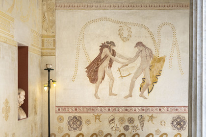 France, Alpes-Maritimes, Beaulieu-sur-Mer, neo-Greek style villa Kerylos build in 1908 by architect Emmanuel Pontremoli, peristyle mural, the lyre dispute between Apollo and Hermes