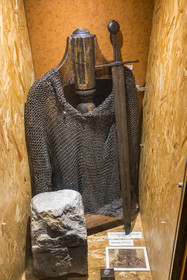 France, Aveyron, Causses and the Cévennes, cultural landscape of Mediterranean agro-pastoralism, listed as World Heritage by UNESCO, Sainte-Eulalie-de-Cernon, Templar Commandery then Hospitaller Commandery of the Order of Saint John of Jerusalem, chain mail in iron dating from the end of the 15th century and a sword-sized from the 13th century