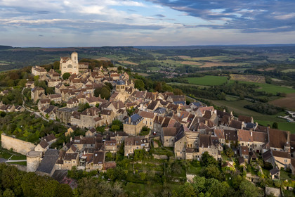 France, Yonne, regional natural park of Morvan, Vézelay, a UNESCO World Heritage site, labelled Les Plus Beaux Villages de France, starting point of one of the main ways to Santiago de Compostela, the hill and the Basilica of Saint Mary Magdalene (aerial view)