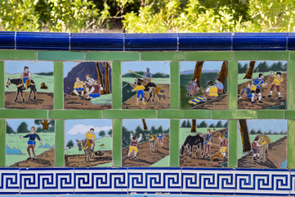 France, Alpes-Maritimes, Menton, Fontana Rosa Garden, Cervantes rotunda, ceramic tiles decorated benches depicting Don Quixote's adventures