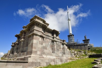 France, Puy de Dome, Parc Naturel Régional des Volcans d'Auvergne (regional nature park of Auvergne volcanoes), Chaine des Puys listed as World heritage by UNESCO, partially reconstructed remains of the temple of Mercury at the top of the Puy de Dôme, Gallo-Roman temple from the 2nd century