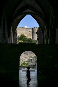 France (30), Gard, Villeneuve-lès-Avignon, la Chartreuse Notre-Dame-du-Val-de-Bénédiction, ruines de l'église conventuelle surplombées par le Fort Saint André