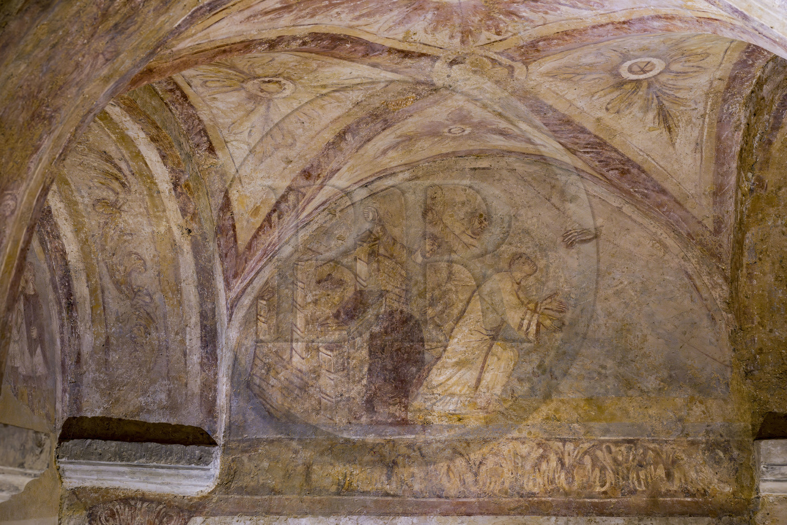 France, Yonne (89), Auxerre, l'église abbatiale de l'abbaye Saint-Germain, crypte à l'architecture carolingienne, oratoire dédié au premier martyr chrétien Saint Etienne avec ses fresques uniques du IXe siècle, la Lapidation de Saint Etienne
