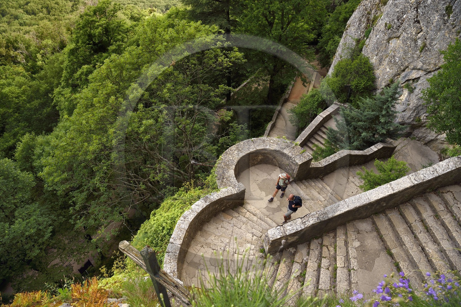 France, Var (83), France, Var (83), Plan-d'Aups-Sainte-Baume, parc naturel régional de la Sainte-Baume, massif de la Sainte-Baume, escalier du Chemin des Rois menant à la grotte sanctuaire de Sainte Marie-Madeleine France, Var (83), France, Var (83), Plan-d'Aups-Sainte-Baume, parc naturel régional de la Sainte-Baume, massif de la Sainte-Baume, escalier du Chemin des Rois menant à la grotte sanctuaire de Sainte Marie-Madeleine