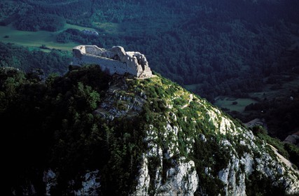France, Ariege, Pays d' Olmes, Cathar Castle of Montsegur perched on rock (aerial view)