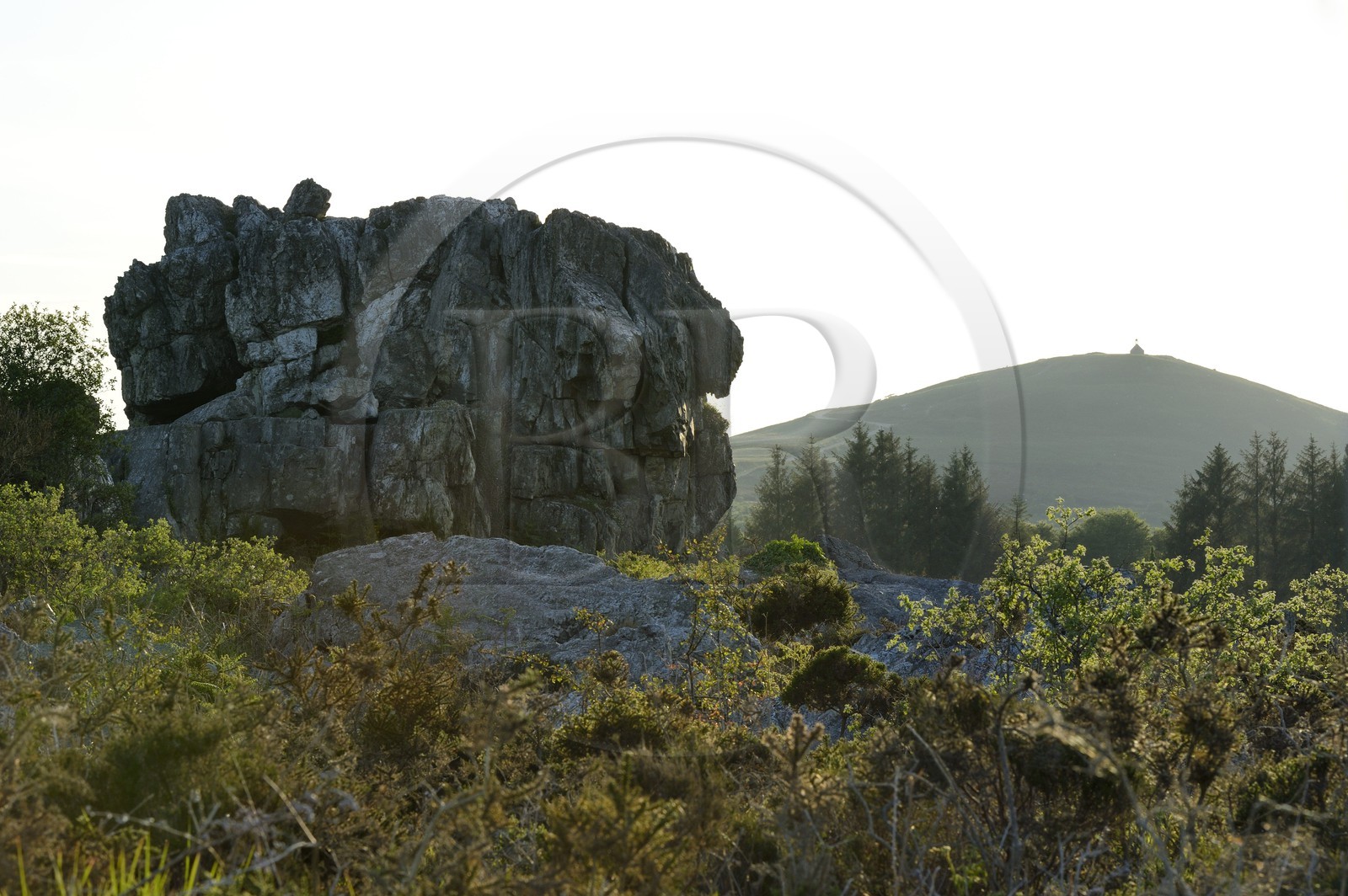 France, Finistère (29), parc naturel régional d'Armorique, Monts d'Arrée, Brasparts, rocher des exorcismes druidiques du marais du Yeun-Elez menant au Youdig (une des portes de l'enfer) et la chapelle Saint Michel au sommet du Menez Mikaël en arrière plan
