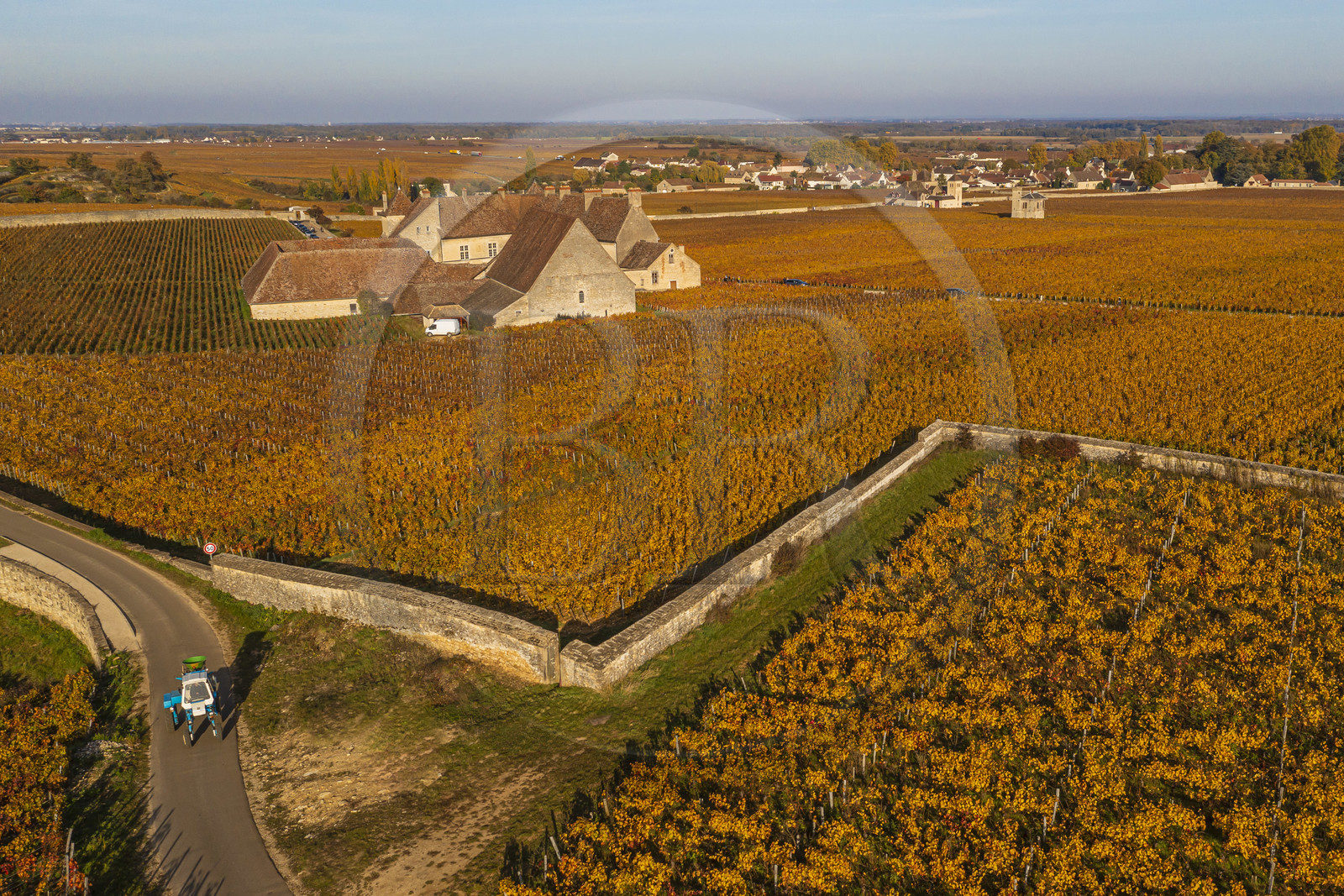 France, Côte-d'Or (21), Paysage culturel des climats de Bourgogne classés Patrimoine Mondial de l'UNESCO, Vougeot, Route des Grands Crus, le vignoble et le chateau du Clos de Vougeot (vue aérienne)