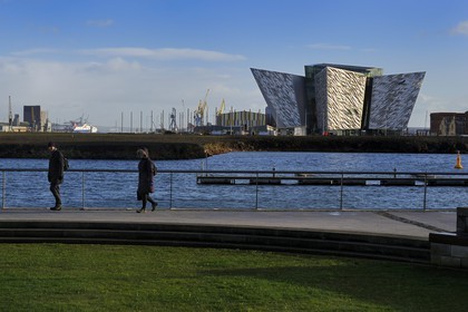 United Kingdom, Northern Ireland, Belfast, the new Titanic Quarter of Queen's Island and the Titanic Belfast Experience center in the background