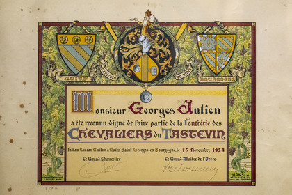 France, Cote d'Or, cultural Landscape of the climates of Burgundy listed as World Heritage by UNESCO, Route des Grands Crus (road of Vintage Wines), vineyard of the Côte de Nuits, Vougeot, the Chateau of Clos de Vougeot, certificate of membership in the Brotherhood of the Knights of Tastevin (Confrerie des Chevaliers du Tastevin)