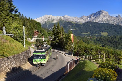 Switzerland, Canton of Vaud, Villars-sur-Ollon, panorama of the massif of Argentine overlooking Solalex and the train going from Bex in the valley to Villars via Gryon