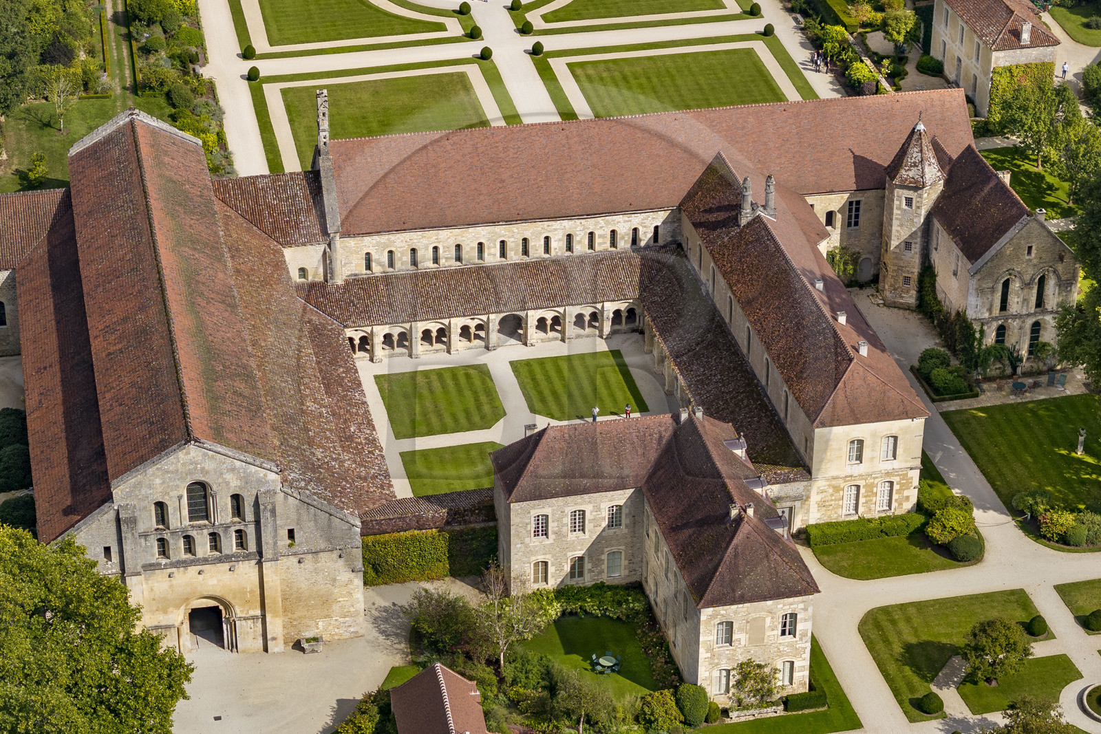 France, Cote d'Or, Marmagne, the Cistercian Abbey of Fontenay founded in 1118, listed as World Heritage by UNESCO, the abbey church and the cloister (aerial view)