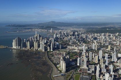 Panama, Panama City skyscrapers, the old town Casco Antiguo (Viejo) in the background left (aerial view)