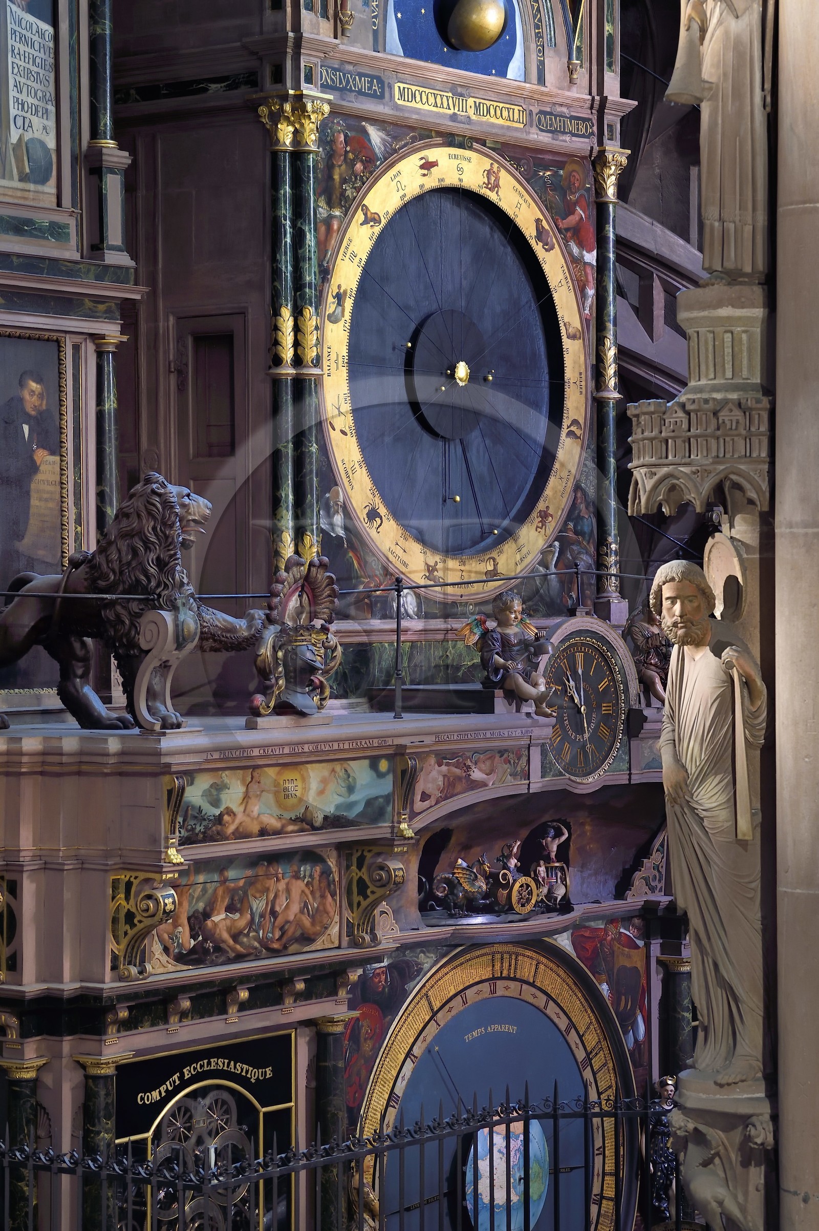 France, Bas Rhin, Strasbourg, old town listed as World Heritage by UNESCO, Notre Dame Cathedral, south transept, the astronomical clock and a sculpure of the pillar of Angels built around 1230