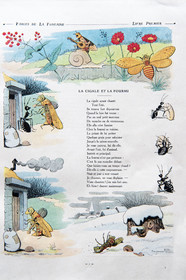 France, Aisne, Château-Thierry, Jean de La Fontaine Museum - city of Chateau-Thierry,  La Fontaine's Fables book illustrated by Benjamin Rabier, Edition Jules Tallandier, 1906, in-folio, the Ant and the Grasshopper fable I from book I