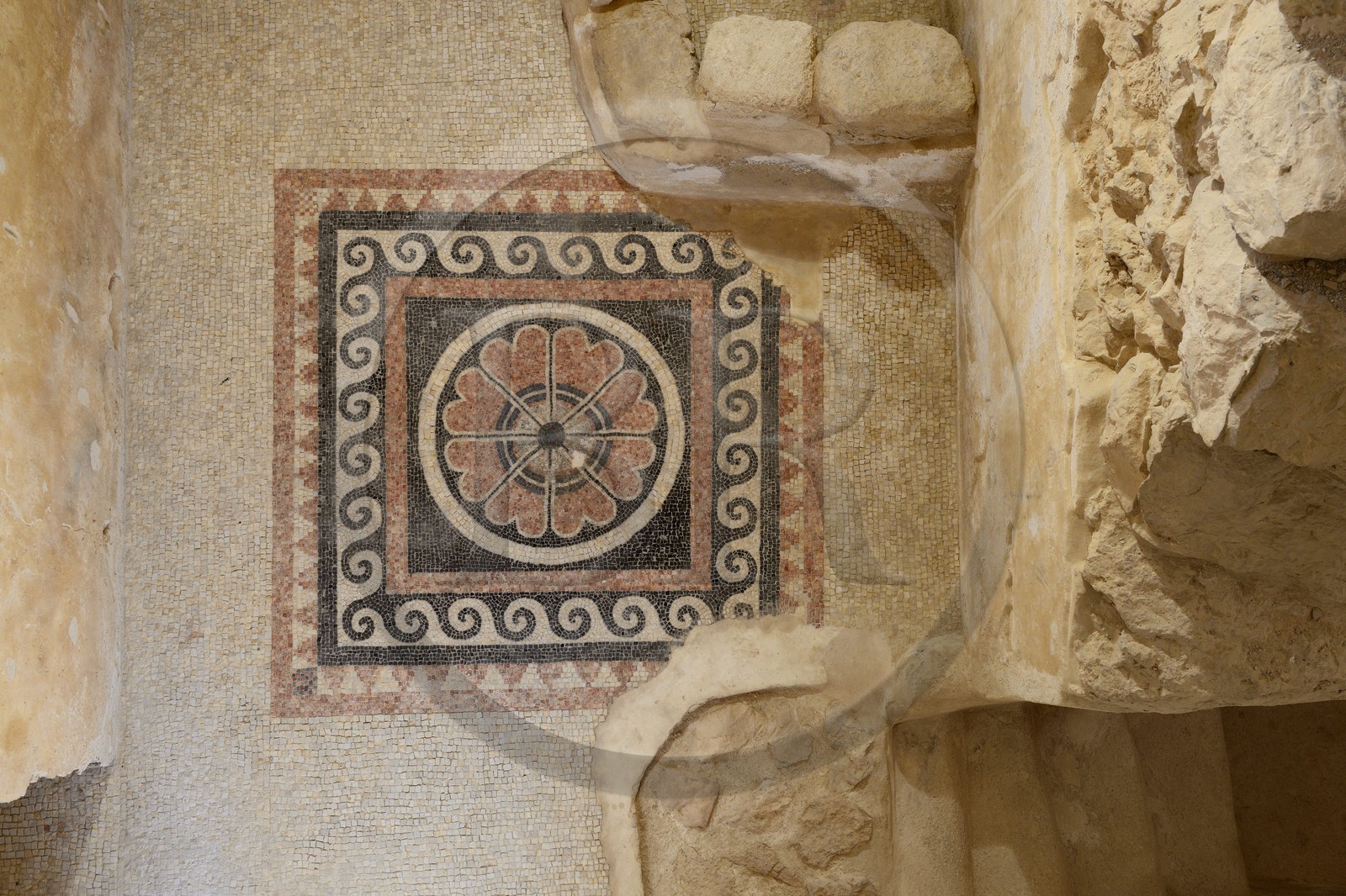 Israel, désert du Neguev, forteresse de Massada, classée Patrimoine Mondial de l'UNESCO, palais occidental, décoré de pavements de mosaique il servait aux receptions et au logement des hotes d'Hérode