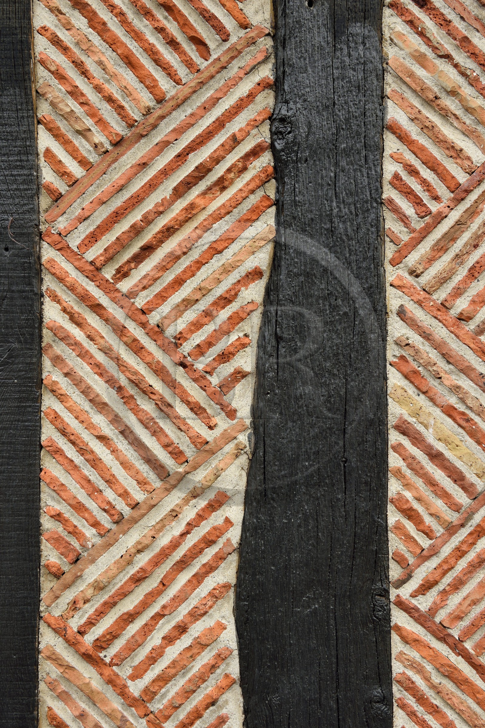 France, Calvados (14), Pays d'Auge, Beuvron-en-Auge, labellisé Les Plus Beaux Villages de France, maison à pans de bois et à briques essantées (détail)