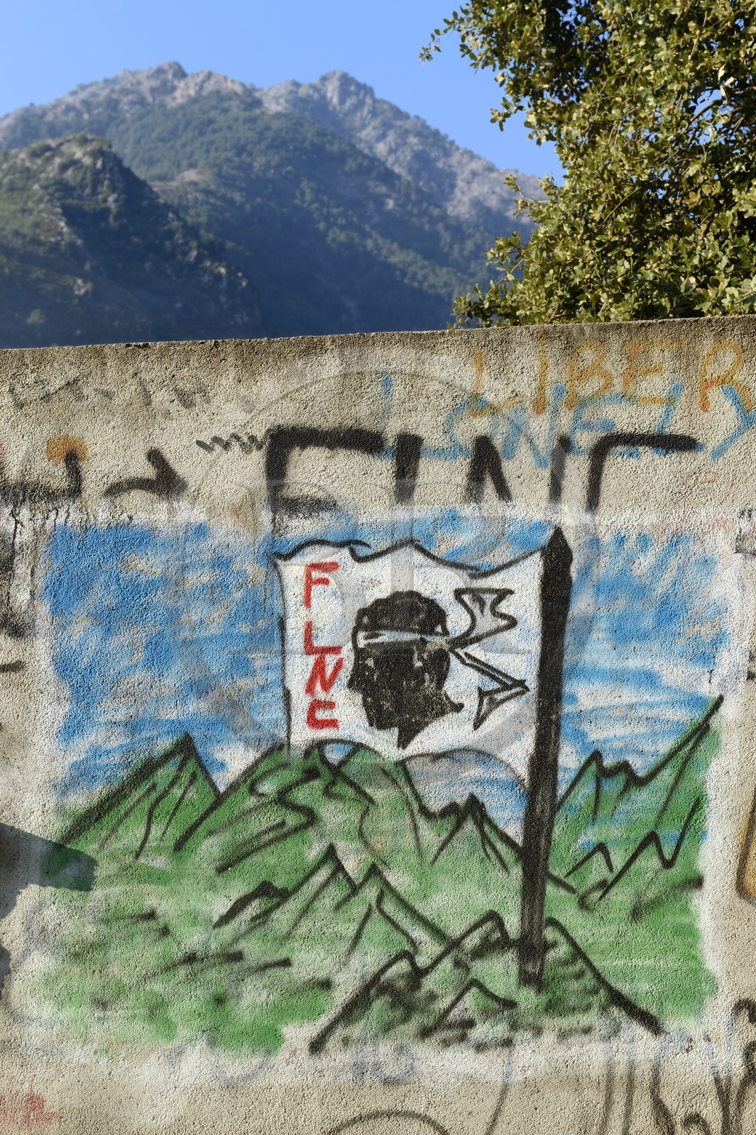 France, Haute Corse, Corte, separatist and political graffiti with the Moor's head emblem of Corsica