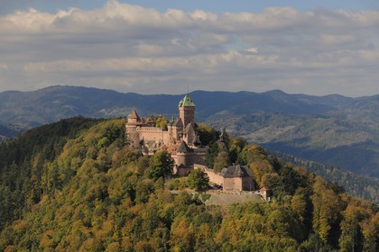 France, Bas Rhin, Orschwiller, Alsace Wine Road, Haut Koenigsbourg Castle in the Vosges forest (aerial view)