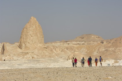 Egypt, Libyan Desert, group of hikers in the White Desert North of Farafra