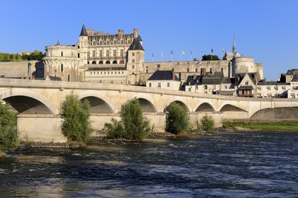 France, Indre et Loire, Amboise, Loire Valley listed as World Heritage by UNESCO, Chateau d'Amboise overhanging the Loire river