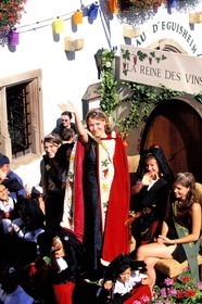 France, Haut Rhin, Eguisheim village, labelled Les Plus Beaux Villages de France (The Most Beautiful Villages of France), wine celebration, parade of the queen of Alsace wines