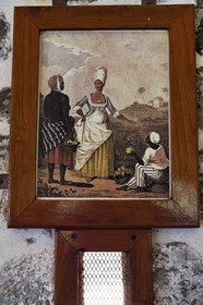 Caraïbes, Ile de la Dominique, Portsmouth, Parc national des Cabrits, Fort Shirley, fort britannique du XVIIIe siècle, reproduction de gravure de 1800 représentant la période coloniale et esclavagiste