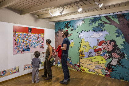 Belgique, Bruxelles, Centre belge de la bande dessinée (Musée de la BD) installé dans un batiment Art nouveau conçu par Victor Horta en 1906, les Schtroumpf dans l'espace Peyo