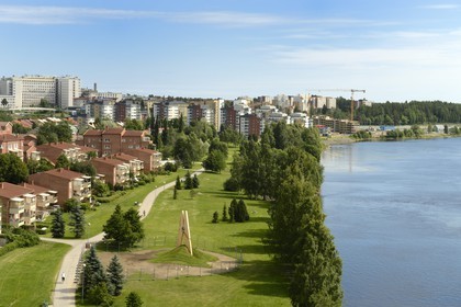 Sweden, Vasterbotten County, Umea, Clothespin artwork of Mehmet Ali Uysal next to the Bildmuseet (Museum of Contemporary Art and Visual Culture) at Umea Arts Campus along the Ume River (Umeälven)