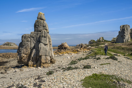 France, Côtes-d'Armor (22), Côte d'Ajoncs, Plougrescant, la plage de Pors (Porz) Scaff à marée basse