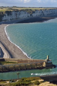 France, Seine Maritime, Pays de Caux, Cote d'Albatre, Fecamp, Pointe Fagnet beacon at the entrance of the harbor and the beach of Fecamp in the background