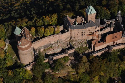 France, Bas Rhin, Orschwiller, Alsace Wine Road, Haut Koenigsbourg Castle in the Vosges forest (aerial view)