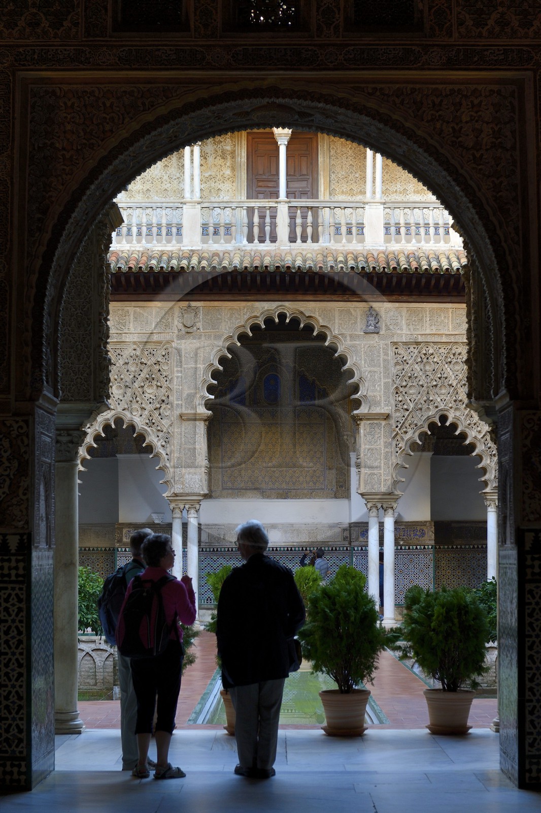 Espagne, Andalousie, Séville, Alcazar de Séville (Reales Alcazares de Sevilla), classé Patrimoine Mondial de l'UNESCO, Cour des Demoiselles (Patio de las Doncellas)