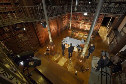 France, Paris, the National Archives, Grands dépots (Large deposits), iron cupboard room, filming of the television show L'ombre d'un doute (The shadow of a doubt) over the Marcel Petiot case presented by the animator and journalist Franck Ferrand