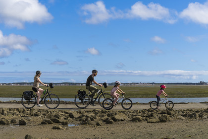 France, Vendée (85), île de Noirmoutier, Barbatre, cyclistes sur le passage du Gois, chaussée submersible qui relie l'île au continent à marrée basse