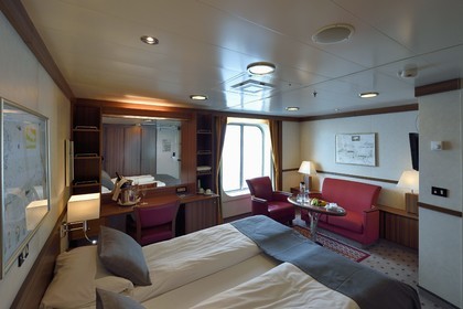 Greenland, west coast, Hurtigruten's MS Fram cruise ship, cabin of the Suite on upper deck