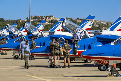 France, Bouches du Rhone, Salon de Provence, air base 701, base of the Patrouille de France (PAF for Patrouille acrobatique de France) of the French Air and Space Force, Pilots disembark from their Alphajet aircraft and chat with mechanics on the tarmac after the training flight