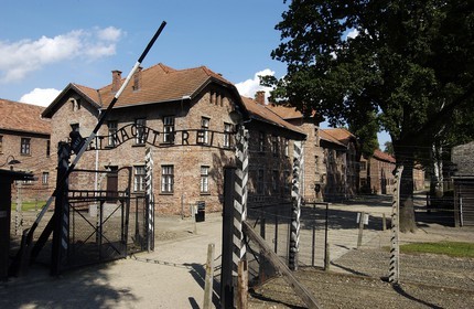 Poland, Silesian region, near Krakow, village of Oswiecim, the camp of extermination of Auschwitz, listed as World Heritage by UNESCO, the camp entrance with the motto Arbeit macht frei (Work makes you free)