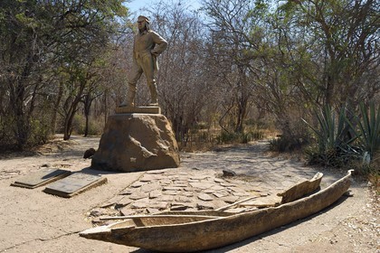 Zimbabwe, Matabeleland North Province,  Zambesi River, the Victoria Falls, listed as World Heritage by UNESCO, statue of the explorer Livingstone